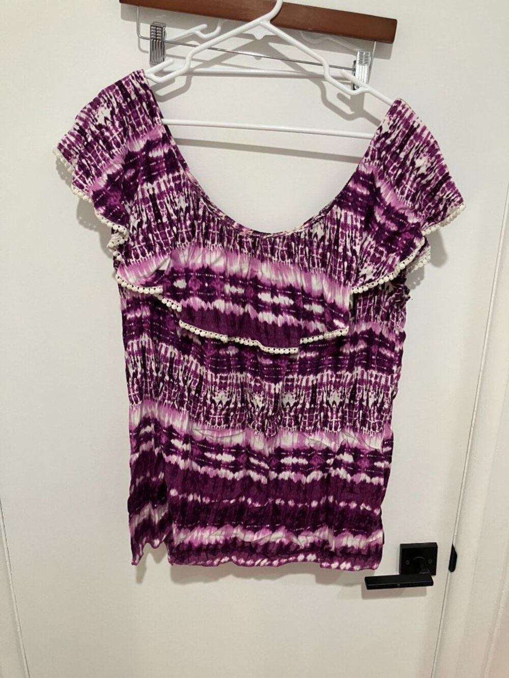 Faded Glory Purple Tie Dye Off Shoulder Ruffle Pom Pom Trim Top Size Large
